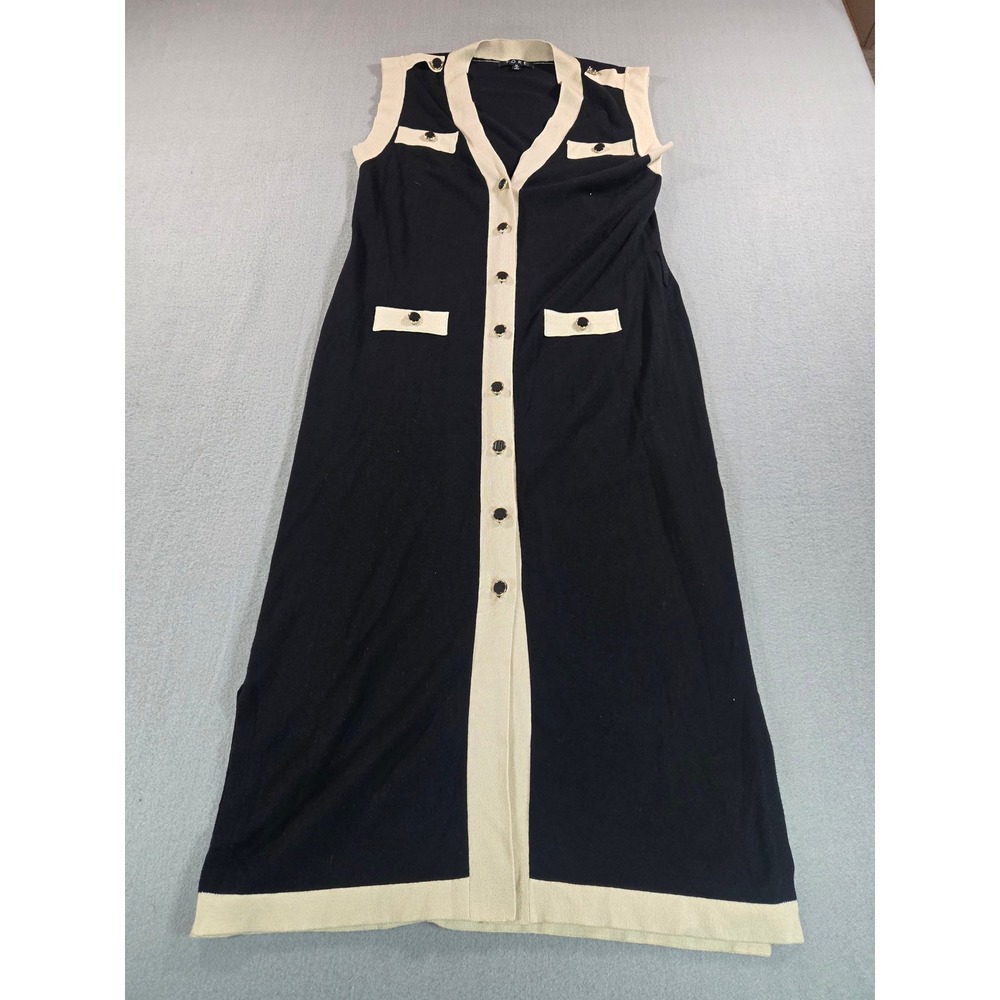 FORE Knit Dress Women Medium Black Cream Button Front Colorblock Midi V-Neck - Picture 4 of 7